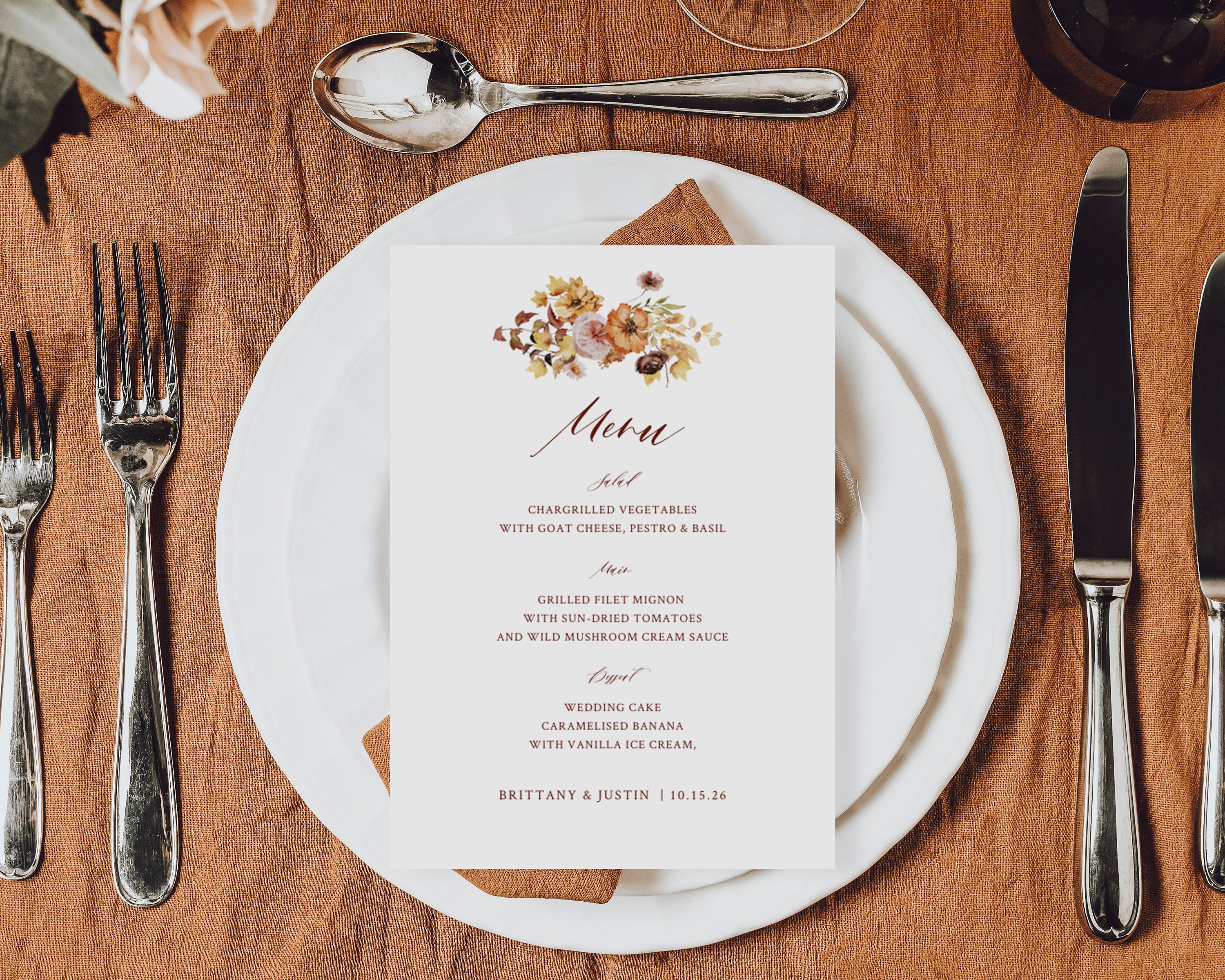 Boho Wedding Menu Template, Fall Floral Wedding Menu Cards, Terracotta ...