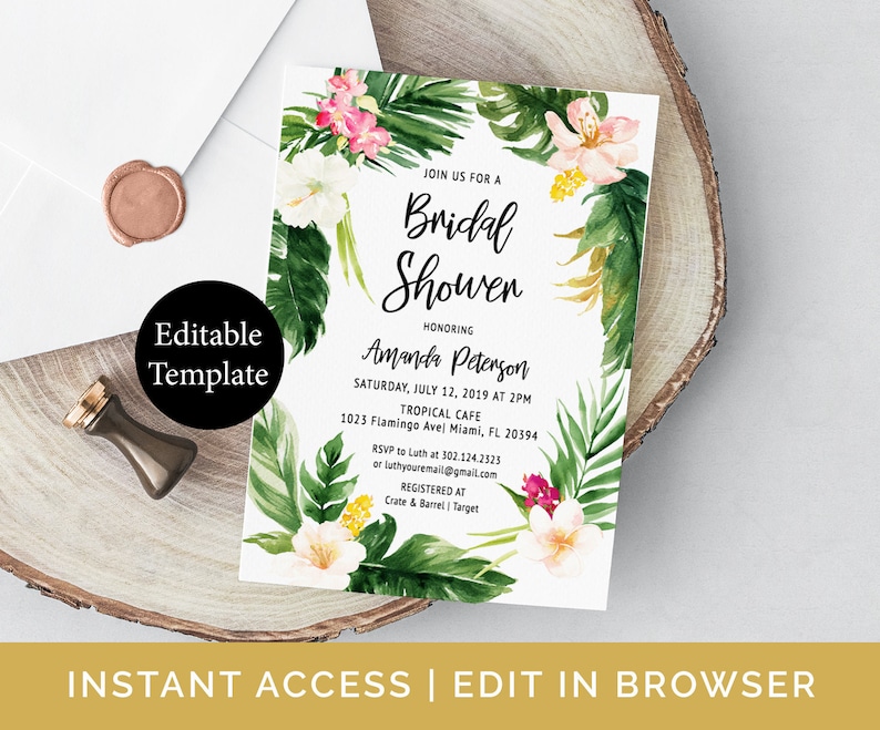 Op de afbeelding: Bewerkbare sjabloon voor een tropische bruidsdoucheinvitatie. De uitnodiging heeft een aquarelontwerp met roze en witte bloemen, groene bladeren en de tekst "Join us for a Bridal Shower" en "Amanda Peterson".