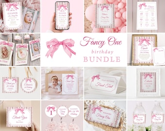 Editable Pink Bow 1st Birthday Party Bundle, Fancy One Birthday Invite, Blush Pink 1st Birthday Set Evite, Coquette Girl, Milestones, DIY