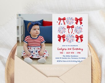 Red White and Two Invitation Template, Girl 2nd Birthday Invitation Photo, Patriotic, Fourth of July Birthday Party, Second Birthday Invite