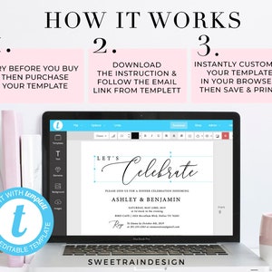 May include: A laptop screen displaying a customizable invitation template for a dinner celebration. The template features a blue and white color scheme with the text "Let's Celebrate" in a cursive font. The text "Ashley & Benjamin" is also included, along with the date, time, and location of the event. The image also includes a logo for the company "Sweetrain Design".