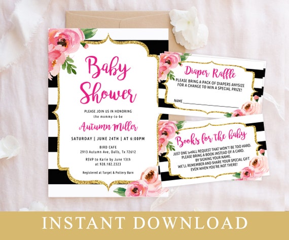 Floral Baby Shower Invitation Editable Template Set Black Striped Floral Baby Shower Invitation Editable Template Set Black Striped