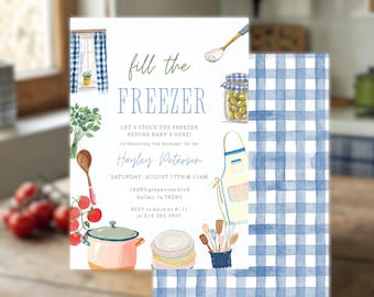 Modèle d'invitation de fête prénatale sur le congélateur, toile, festin de repas au congélateur, invitation à saupoudrer pour bébé au congélateur, réserve dans le congélateur, préparation de repas