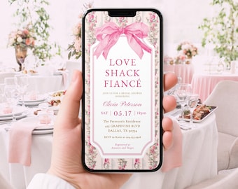 Love Shack Fiancé Bridal Shower Evite DIGITAL, Pink Bow Bridal Shower Phone Invitation, She Is Tying The Knot E-Invite, Text Invite Coquette