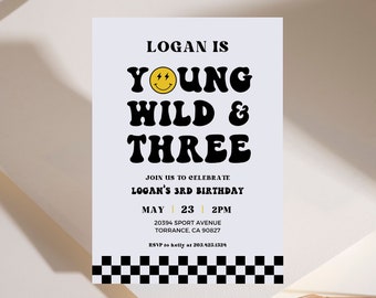 Young Wild and Three Invitation Template, Boy 3rd Birthday Party, Boy Third Birthday Invite, Young Wild and 3, Wild 3, Instant Download