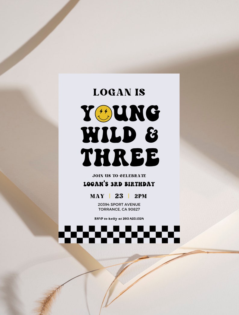 Young Wild and Three Invitation Template, Boy 3rd Birthday Party, Boy