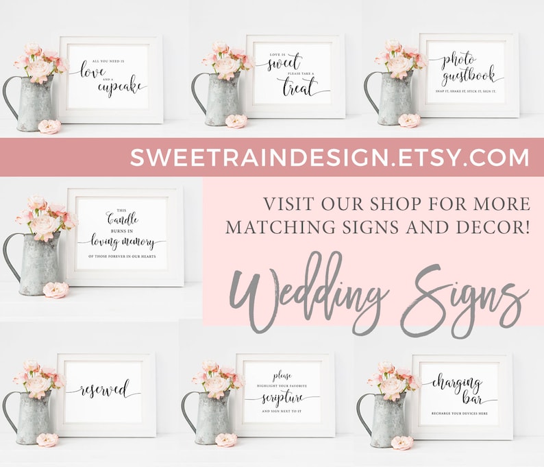 Op de afbeelding: Een verzameling wit omlijste trouwborden met elegante kalligrafie. Elk bord wordt gecombineerd met een gegalvaniseerde metalen kan gevuld met roze bloemen. De borden bevatten zinnen als "love & cupcake" en "photo guestbook". De tekst "Wedding Signs" is ook zichtbaar.