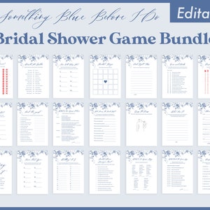 Something Blue Bridal Shower Games Bundle, Blue Floral French Bridal Shower Game Cards, Dusty Blue, Victorian, Chinoiserie, Editable