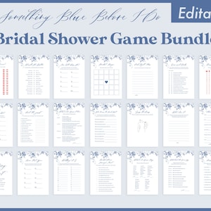 Something Blue Bridal Shower Games Bundle, Blue Floral French Bridal Shower Game Cards, Dusty Blue, Victorian, Chinoiserie, Editable