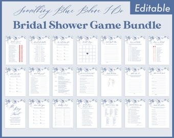 Something Blue Bridal Shower Games Bundle, Blue Floral French Bridal Shower Game Cards, Dusty Blue, Victorian, Chinoiserie, Editable