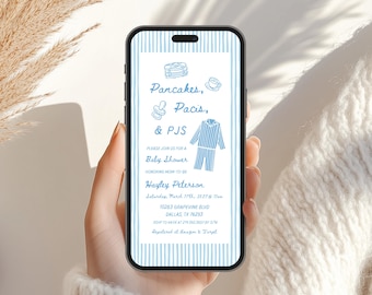 Pancakes,Pacis & PJs Baby Shower Evite, Phone Invitation, Canva, Breakfast Baby Shower Invite, Pancake Baby Brunch, Boy Baby Shower