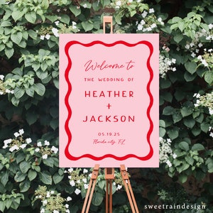 Retro Wedding Welcome Sign Templates, Pink and Red Wedding, Wave, Wavy Signage, Squiggle, Wavy Edge, Colorful, Fun Wedding Decorations 22