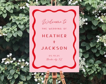 Retro Wedding Welcome Sign Templates, Pink and Red Wedding, Wave, Wavy Signage, Squiggle, Wavy Edge, Colorful, Fun Wedding Decorations 22