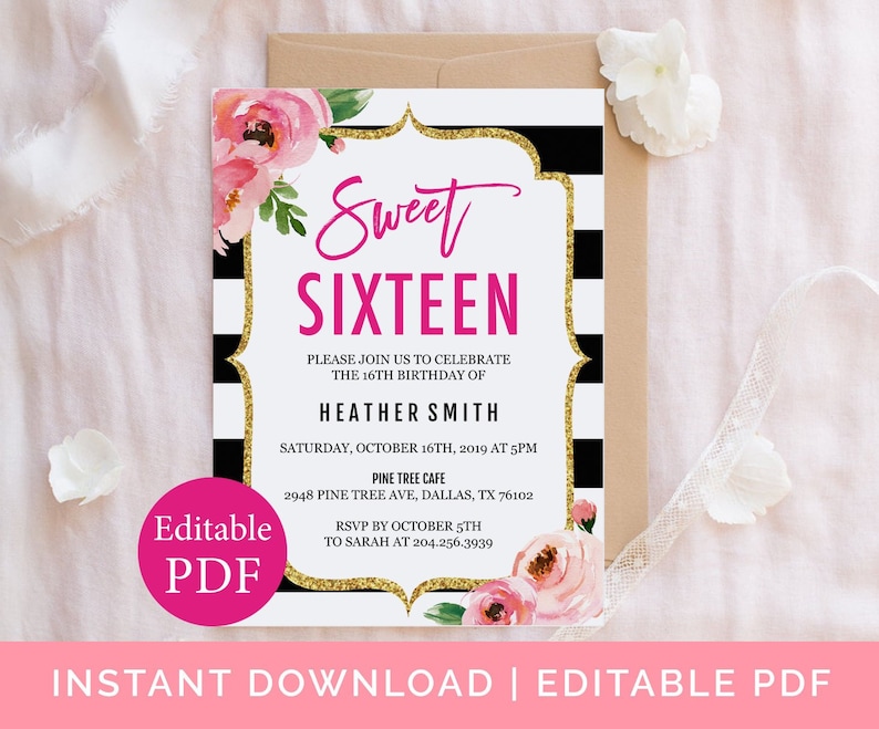 Sweet Sixteen Invitation Pink And Gold 16th Birthday Party Etsy