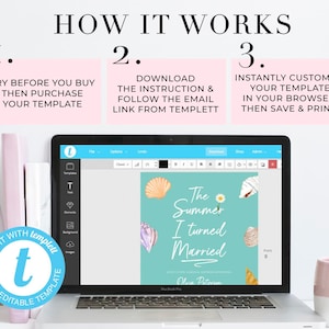 May include: A laptop screen displaying a turquoise blue book cover with white text that reads "The Summer I Turned Married". The cover has a watercolor illustration of seashells and a white daisy. The text "Edit with Templett" is visible in a circle on the left side of the image.
