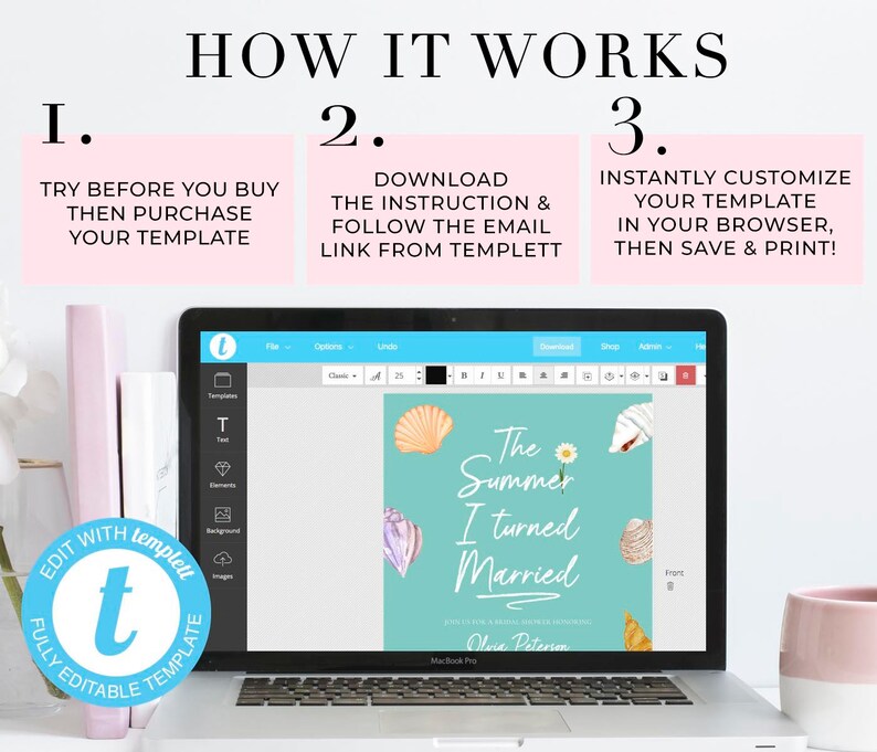 May include: A laptop screen displaying a turquoise blue book cover with white text that reads "The Summer I Turned Married". The cover has a watercolor illustration of seashells and a white daisy. The text "Edit with Templett" is visible in a circle on the left side of the image.