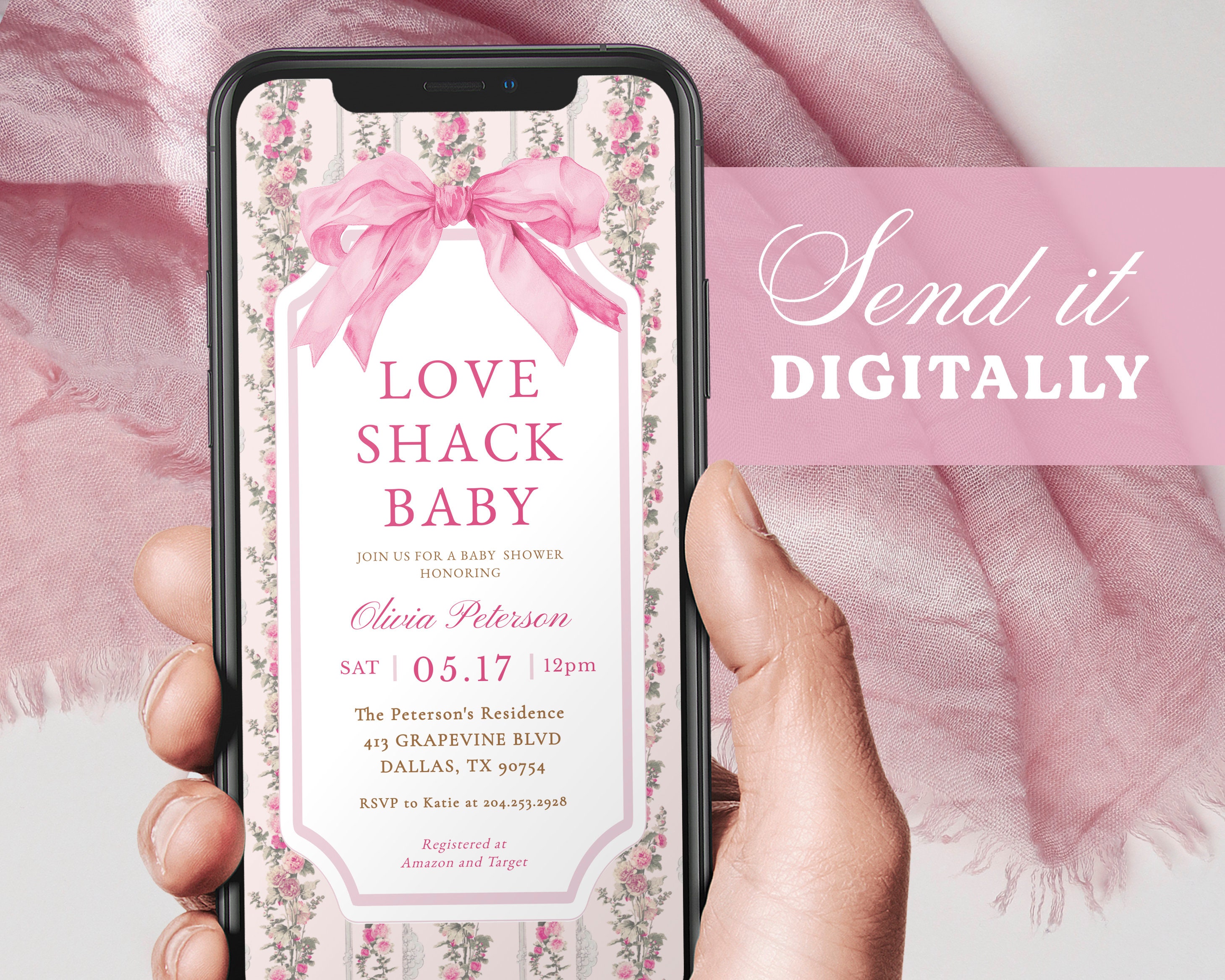 Love Shack Baby Shower Evite, Pink Bow Baby Shower Digital Invitation ...