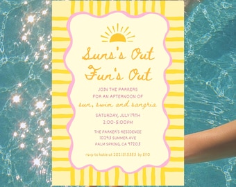 Sun, Swim & Sangria Invitation Template, Canva Template, Sun's Out Fun's Out Summer Pool Party Invite, Editable Summer Party