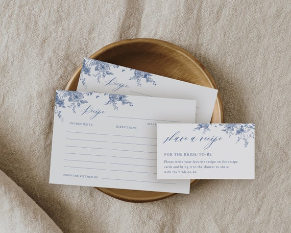 Something Blue Bridal Shower Recipe Card Template, Recipe Card Insert, Share a Recipe Printable, Victorian, French, Chinoiserie Editable 14