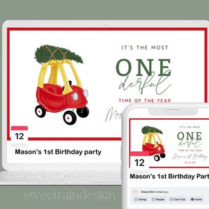 以下が含まれることがあります： 赤いおもちゃの車に小さなクリスマスツリーを載せた、1歳の誕生日パーティーのデジタル招待状。テキストには「一年で最も素晴らしい時期です。メイスンの1歳の誕生日パーティー」と書いてあります。