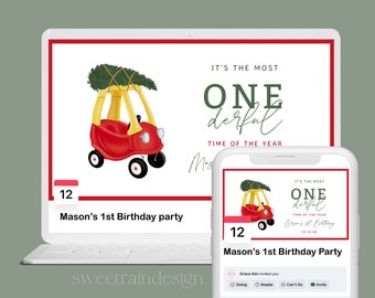 Onederful Birthday Facebook Event Cover Image,  Editable, Christmas Birthday Decor, Winter Boy 1st Birthday, Toy Car, Facebook Cover 07