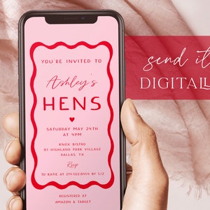 Pink and Red Hen Party Invitation Templates, Retro Hen Party Evites, Wave, Wavy Hens Digital Invitations, Squiggle Invitation, Hens Night 22