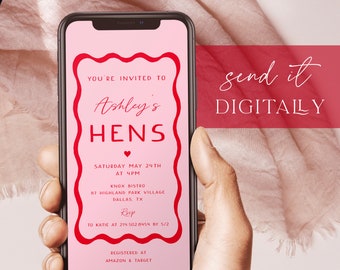 Pink and Red Hen Party Invitation Templates, Retro Hen Party Evites, Wave, Wavy Hens Digital Invitations, Squiggle Invitation, Hens Night 22