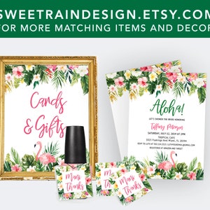 May include: Tropical themed bridal shower invitation with pink flamingos, green leaves, and white flowers. The invitation says "Aloha!" and includes the bride's name, date, time, and location. There are also matching thank you cards with the text "Mani Thanks".