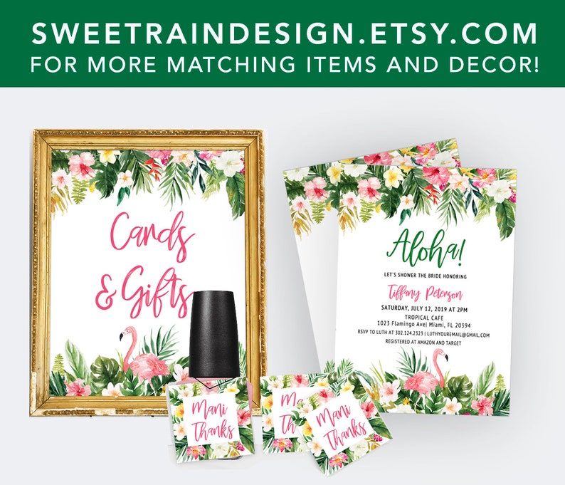 May include: Tropical themed bridal shower invitation with pink flamingos, green leaves, and white flowers. The invitation says "Aloha!" and includes the bride's name, date, time, and location. There are also matching thank you cards with the text "Mani Thanks".