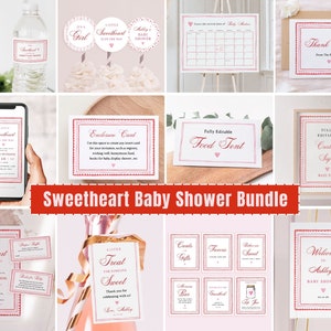 Pacchetto stampabile per baby shower dolce, giochi per baby shower di San Valentino, tema cuore, baby shower per bambine, cuori rosa e rossi, fai da te modificabile