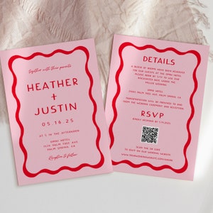 Retro Wedding Invitation Template, QR Code, Pink and Red, 70s Wedding Invitations, Wave Wedding, Squiggly French, Palm Springs Wedding 22