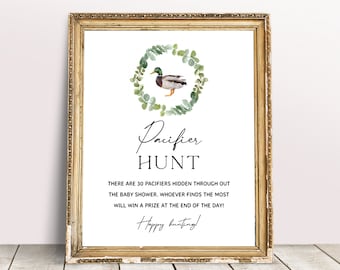 Duck Baby Shower Game Template, Pacifier Hunt Game, Mallard Duck, Gender Neutral, Duck Hunting Baby Shower Sign, Editable, Baby Shower