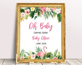 Tropical Baby Shower Sign Template, Flamingo Baby Announcement Sign, Summer Baby Shower Decorations,  Personalized Baby Coming Soon Sign,