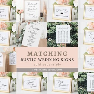 May include: A collection of rustic wedding signs with gold frames and calligraphy text. The signs include "Tomorrow is the best day ever", "Cards & Gifts", "Find your seat", "Love is Sweet", "For lovers who are waiting from Heaven", "Order of Events", "It's the little things", "Please sign our Guest Book", "Photo Guestbook", "Share the Love", "Dessert Bar", "Pick a seat, either side, you're loved, with the groom & bride", "Thank you" tags.