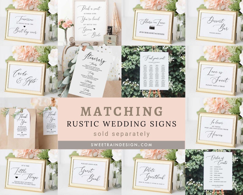 May include: A collection of rustic wedding signs with gold frames and calligraphy text. The signs include "Tomorrow is the best day ever", "Cards & Gifts", "Find your seat", "Love is Sweet", "For lovers who are waiting from Heaven", "Order of Events", "It's the little things", "Please sign our Guest Book", "Photo Guestbook", "Share the Love", "Dessert Bar", "Pick a seat, either side, you're loved, with the groom & bride", "Thank you" tags.