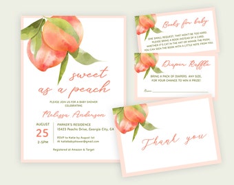 Peach Baby Shower Invitation Set, Sweet As A Peach Invite, Sweet Peach Baby Shower Template, Georgia Peach, Baby Peaches Invitation, Girl