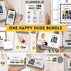 ONE Happy Dude Birthday Bundle, Smile Face 1st Birthday Bundle, One Happy Dude Party, Editable Template, Boy 1st Birthday Set, Party Pack
