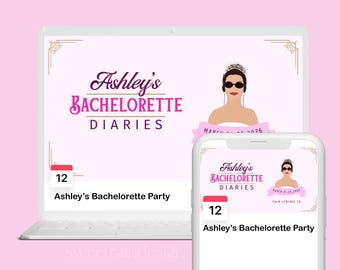 May include: A digital invitation for a bachelorette party with the text "Ashley's Bachelorette Diaries" and a calendar icon with the number 12. The invitation features a cartoon illustration of a woman wearing a tiara and sunglasses.