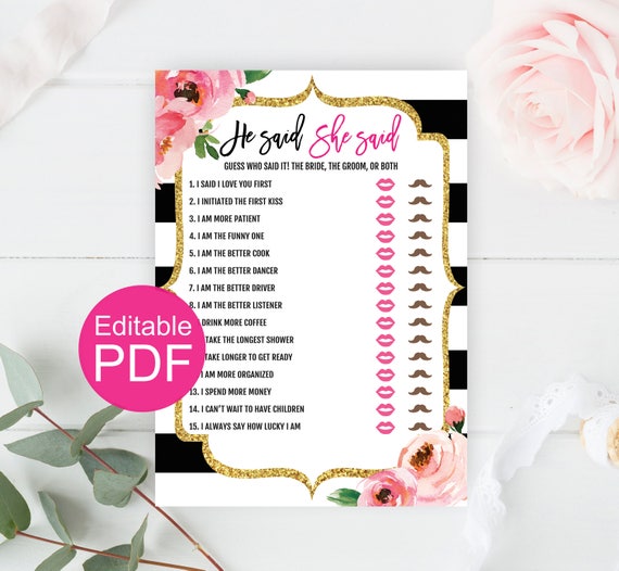 He Said She Said Editable Game, Kate Bridal Shower Games Printable, Bride Or Groom Game, Guess Who Said It Wedding Shower Game, Bachelorette Il_570xn