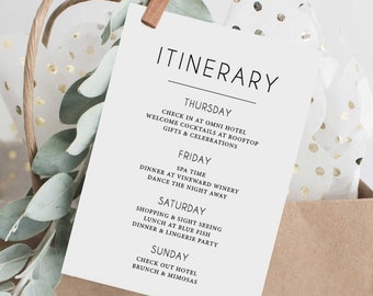 Itinerary for Wedding, Simple Itinerary Template, Destination Wedding Itinerary, Black and White Bachelorette Weekend Itinerary Printable