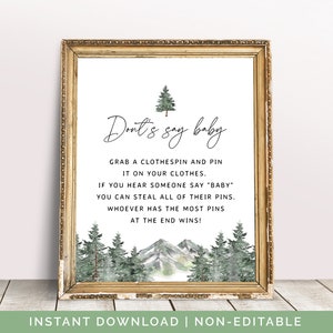 Don't Say Baby Game Printable, Winter Baby Shower Sign, Clothespin Game, Instant Download, Mountain Baby Shower Games Printable, Woodland 08