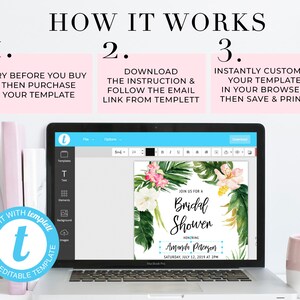 Op de afbeelding: Een laptopscherm met een tropische bloemen-bruidsdouche-uitnodigingstemplate. De template is aanpasbaar en kan in een webbrowser worden bewerkt. De tekst op de uitnodiging luidt "Sluit je aan bij ons voor een bruidsdouche ter ere van Amanda Peterson op zaterdag 12 juli 2019 om 14:00 uur".