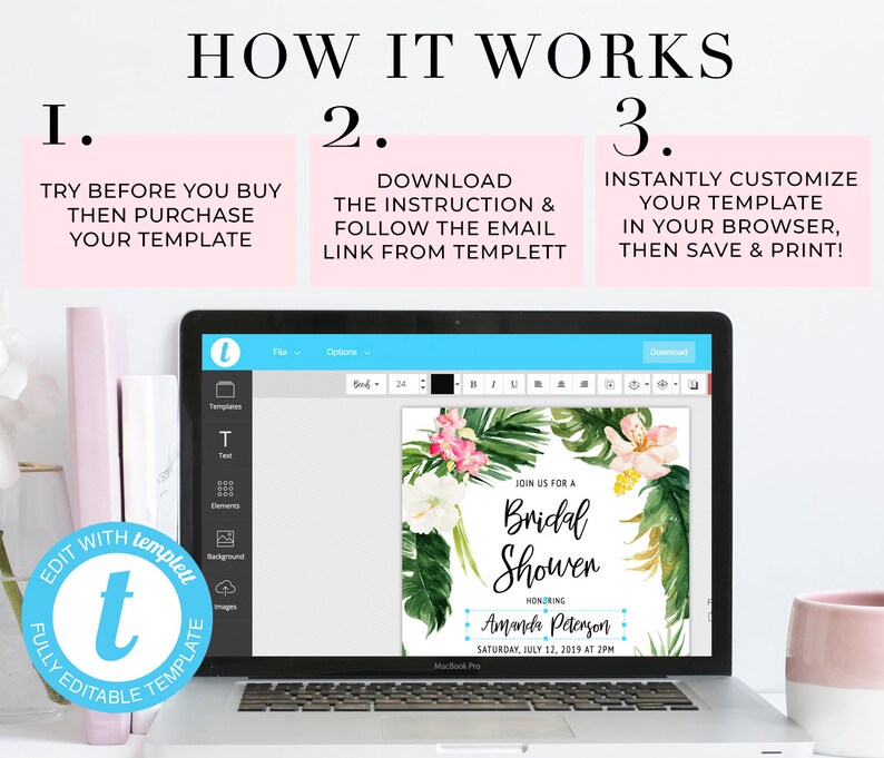 Op de afbeelding: Een laptopscherm met een tropische bloemen-bruidsdouche-uitnodigingstemplate. De template is aanpasbaar en kan in een webbrowser worden bewerkt. De tekst op de uitnodiging luidt "Sluit je aan bij ons voor een bruidsdouche ter ere van Amanda Peterson op zaterdag 12 juli 2019 om 14:00 uur".