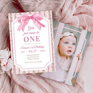 Girls Just Wanna Be One Invitation Template, Pink Bow Birthday Girl Invitation, Photo Girl 1st Birthday Invites, Coquette Pink Editable