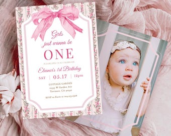 Girls Just Wanna Be One Invitation Template, Pink Bow Birthday Girl Invitation, Photo Girl 1st Birthday Invites, Coquette Pink Editable