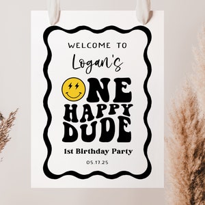 ONE Happy Dude Birthday Welcome Sign Template, Smile Face 1st Birthday Party Decorations, Boy 1st Birthday, Editable, One Happy Dude Party