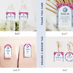 May include: Printable party decorations for a Mamma Mia themed party. The set includes a thank you card, water bottle labels, favor tags, and square and round tags. The designs feature a blue and white pattern with pink flowers and a disco ball.
