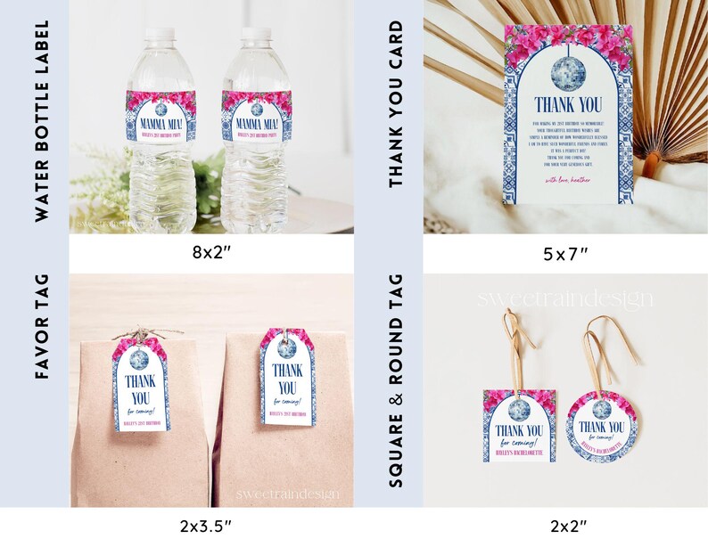May include: Printable party decorations for a Mamma Mia themed party. The set includes a thank you card, water bottle labels, favor tags, and square and round tags. The designs feature a blue and white pattern with pink flowers and a disco ball.
