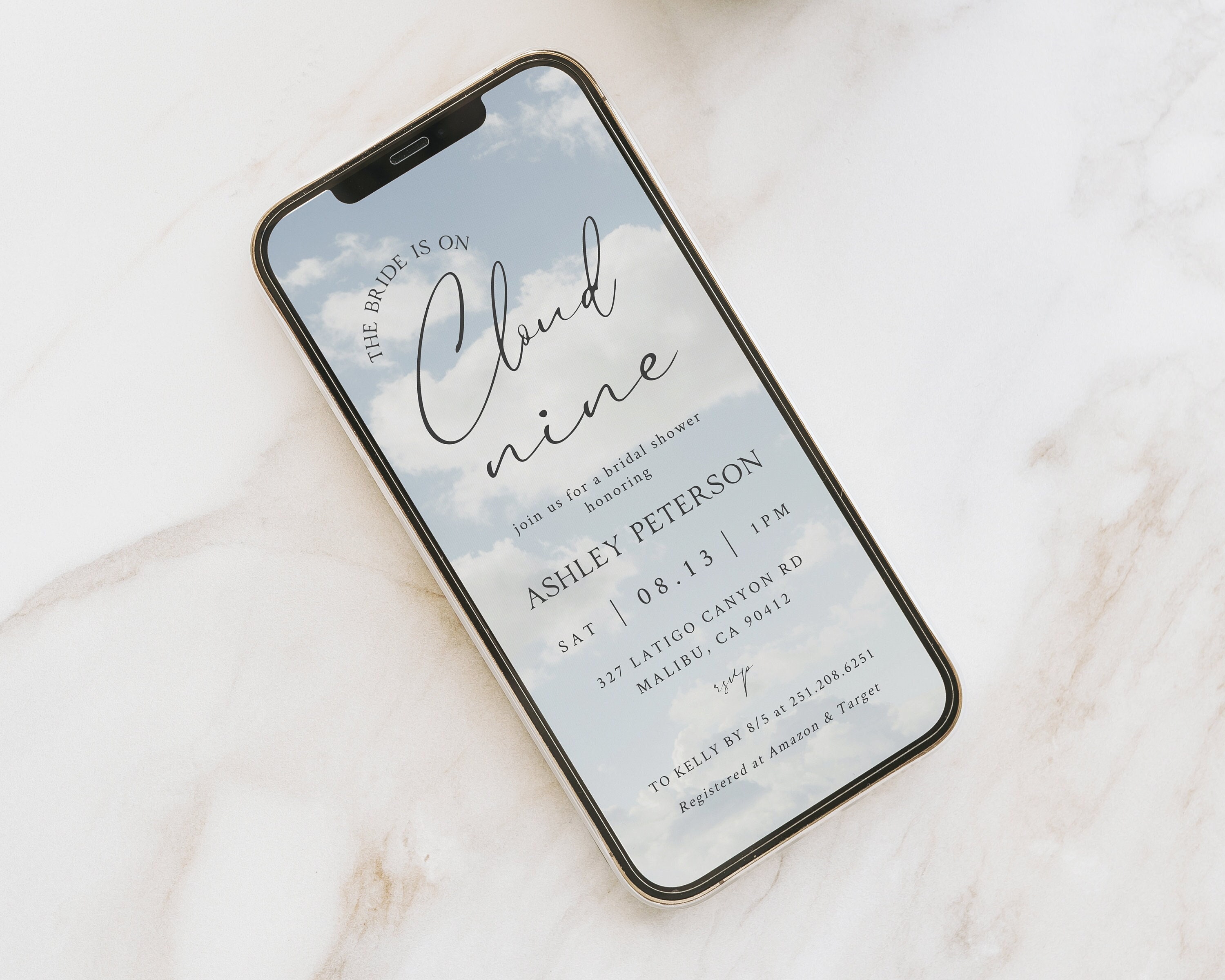 Cloud Nine Bridal Shower Evite, The Bride Is On Cloud Nine, She's On Cloud 9 Invitation Cloud Nine Bachelorette, Cloud 9 Party, Phone Invite