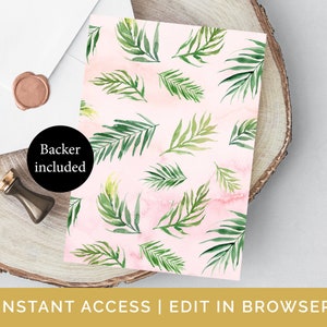 Op de afbeelding: Een downloadbare digitale print van een roze achtergrond met een herhalend patroon van groene aquarelbladeren. De tekst "Backer included" staat in een zwarte cirkel aan de linkerkant van de afbeelding.